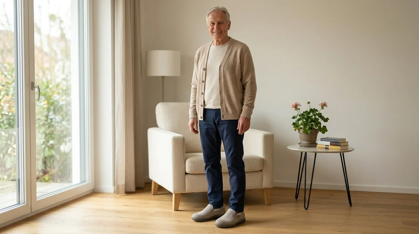 Senior trägt Sparletts Hausschuhe zuhause